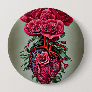 Human Heart with Red rose flowers surreal art 10 Cm Round Badge