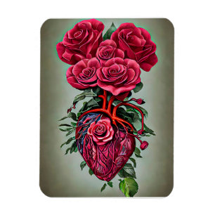 Human Heart with Red rose flowers surreal art  Magnet
