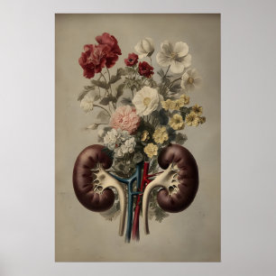 Human kidney with flowers print, anatomy boho poster