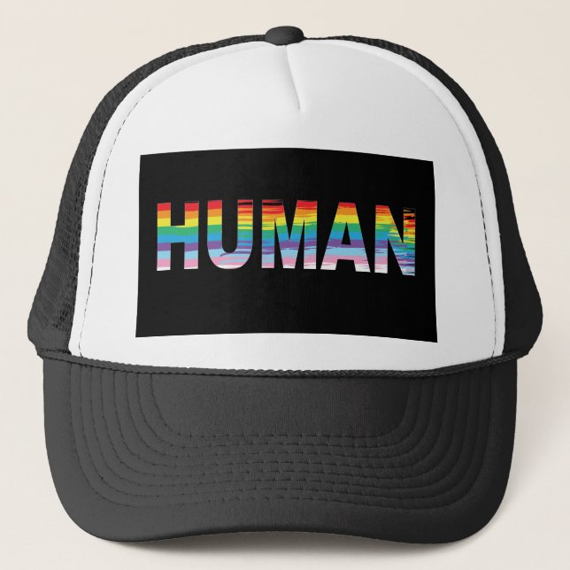HUMAN LGBTQIA Rainbow Flag, Gay Pride Letter  Trucker Hat (Front)