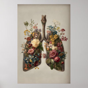 Human Lungs With Flowers Print, Anatomy Boho Poster
