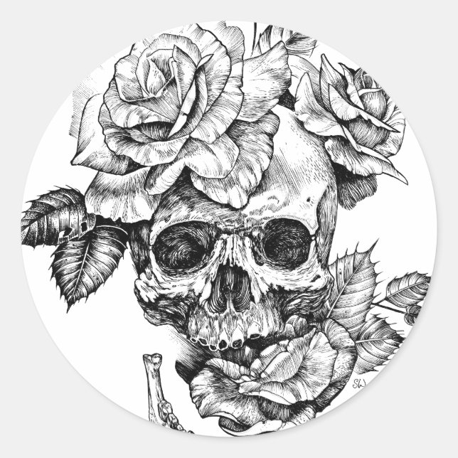 Human skull and roses black ink drawing classic round sticker (Front)