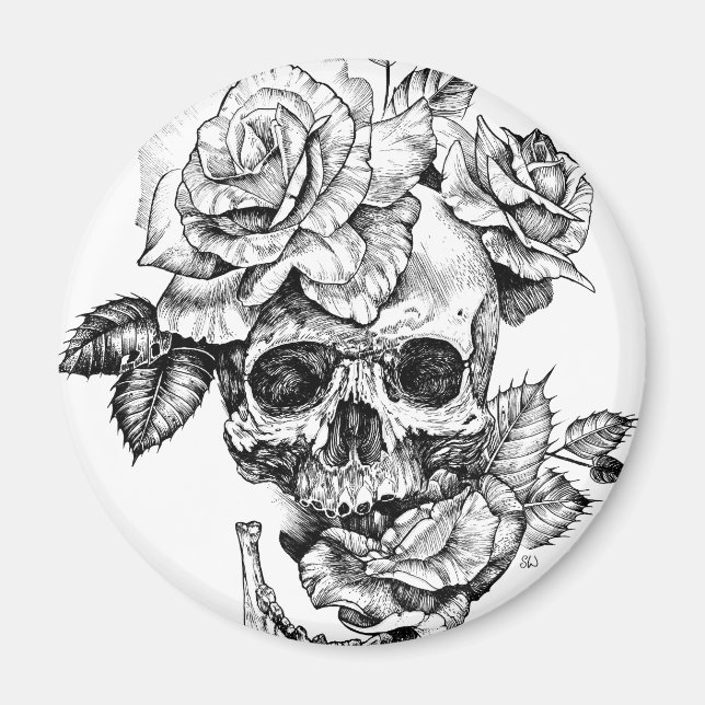 Human skull and roses black ink drawing magnet (Front)