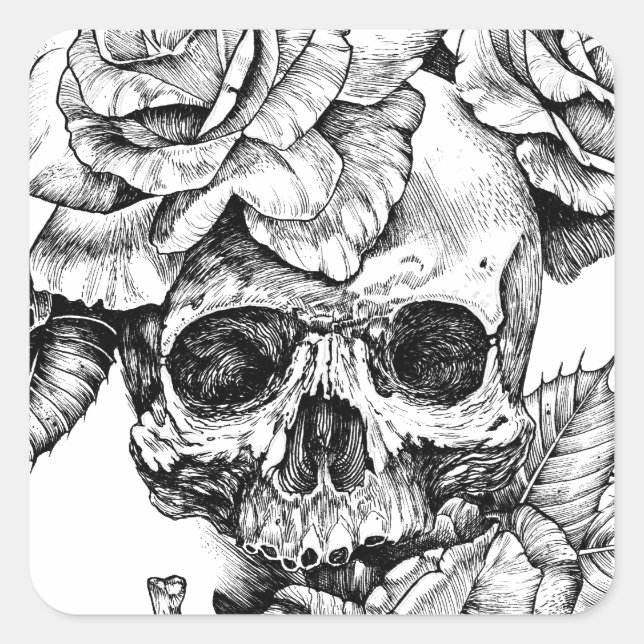 Human skull and roses black ink drawing square sticker (Front)
