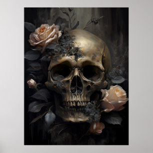 Human Skull and Roses Dark Gothic Poster