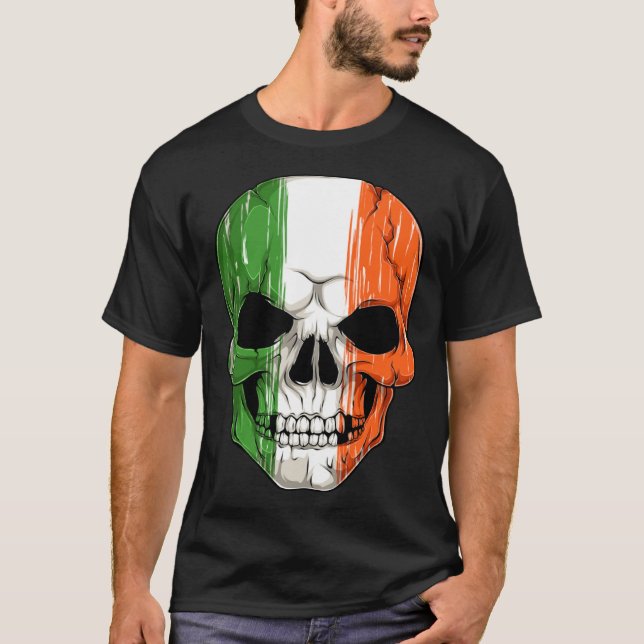 Human Skull Head With Irish Flag Pattern St Patric T-Shirt (Front)