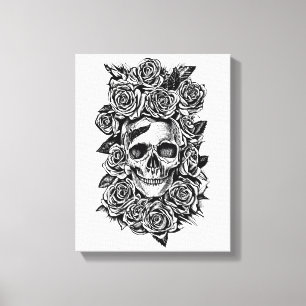 Human Skull Roses Goth Biker Art Illustration Canvas Print