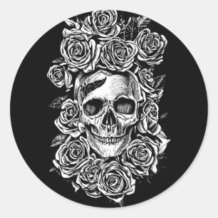 Human Skull Roses Goth Biker Art Illustration  Classic Round Sticker