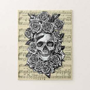 Human Skull Roses Goth Biker Art Illustration Jigsaw Puzzle