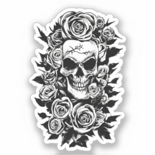 Human Skull Roses Goth Original ink drawing Art