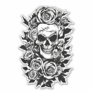 Human Skull Roses Goth Original ink drawing Art