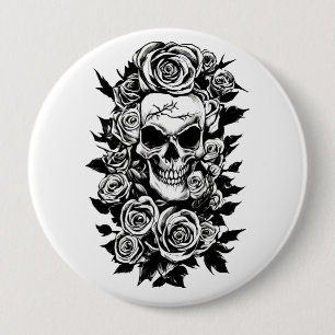 Human Skull Roses Goth Original ink drawing Art B 10 Cm Round Badge