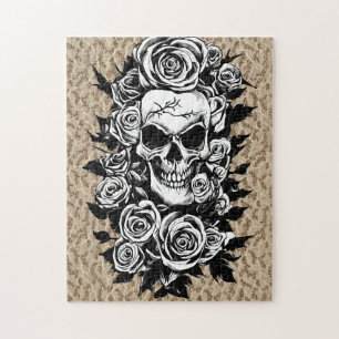 Human Skull Roses Goth Original ink drawing Art  Jigsaw Puzzle