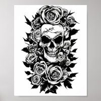 Human Skull Roses Goth Original ink drawing Art