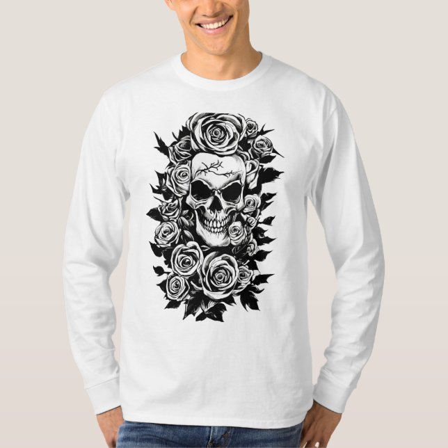Human Skull Roses Goth Original ink drawing Art   T-Shirt (Front)