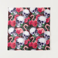 Human skull with flamingo and red rose flowers sea