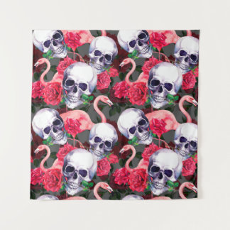 Human skull with flamingo and red rose flowers sea tapestry