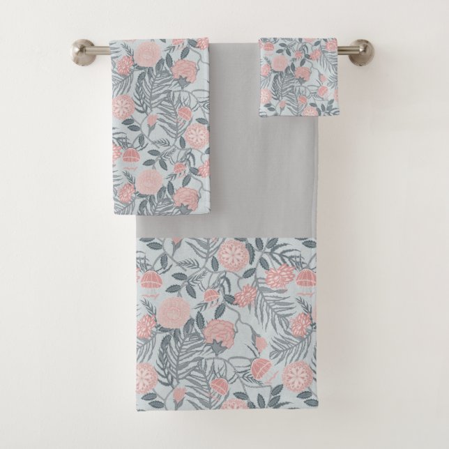 Humble pink, grey botanical wild floral pattern  bath towel set (Insitu)