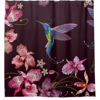Humming bird and orchid exotic tropical flowers se shower curtain