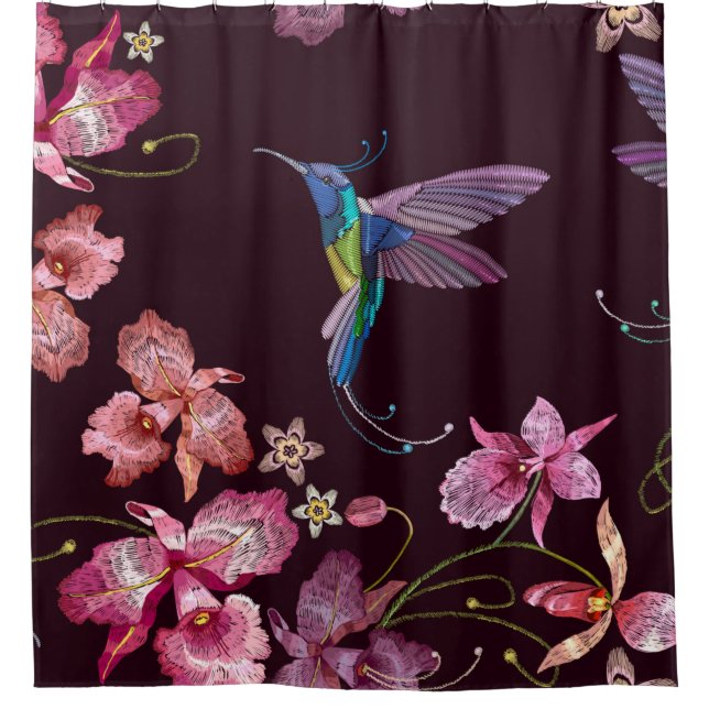 Humming bird and orchid exotic tropical flowers se shower curtain (Front)