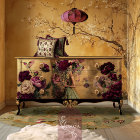 Humming Bird & Floral, Burgundy & Gold Background