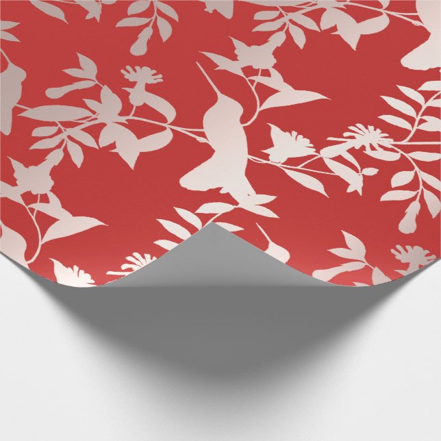 Humming-bird Floral Pink Ruby Red Metallic Wrapping Paper (Corner)