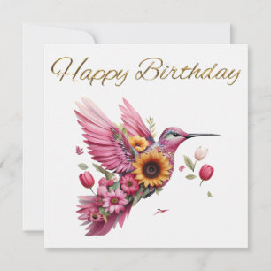 Humming bird flying with flowers Happy Birthday