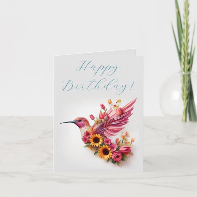 Humming bird flying with flowers Happy Birthday Card (Front)