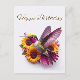 Humming bird flying with flowers Happy Birthday Postcard
