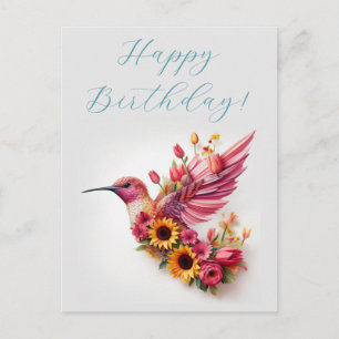 Humming bird flying with flowers Happy Birthday Postcard