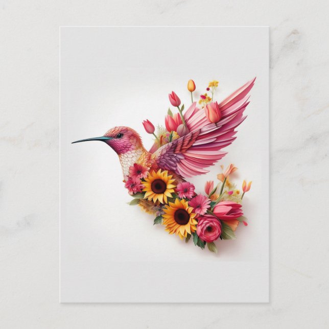 Humming bird flying with flowers postcard (Front)