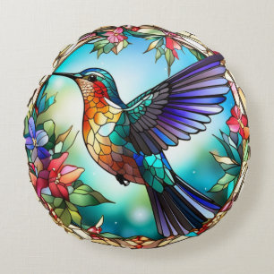 Humming Bird in the Stained Glass Style Round Cushion