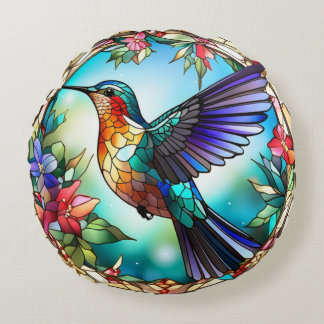 Humming Bird in the Stained Glass Style Round Cushion