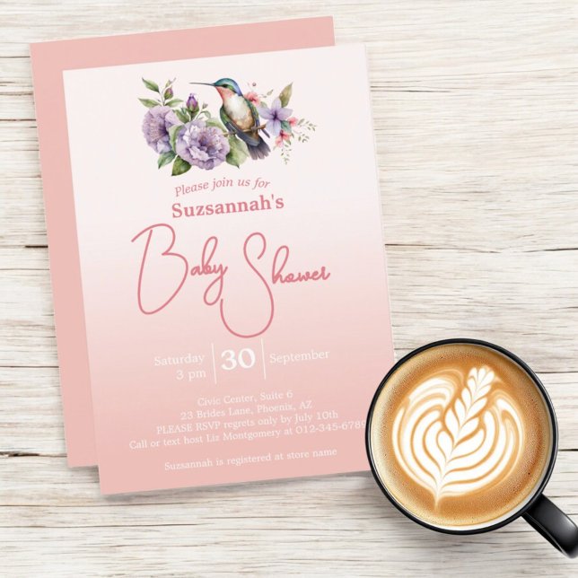 Humming Bird Pastel Peach Ombre Baby Shower  Invitation (baby shower template invitation front and matching solid color back)