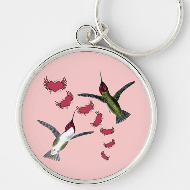 Humming Birds Grunge Hearts with Wings Key Ring (Front)
