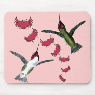 Humming Birds Grunge Hearts with Wings Mouse Pad