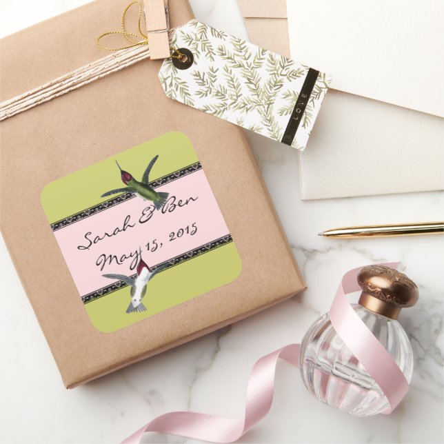 Humming Birds Grunge Hearts with Wings Square Sticker (Gifting)