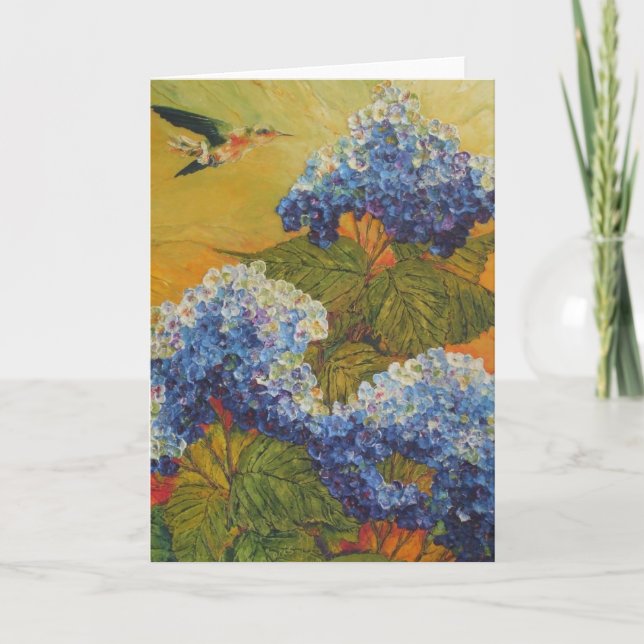 Hummingbird and Blue Hydrangea Greeting Card (Front)