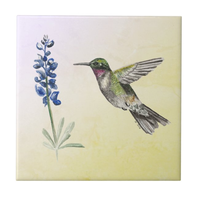 Hummingbird and Bluebonnet on Pink and Yellow Tile (Front)