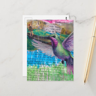 Hummingbird and Boat Abstract Mixed Media Collage Postcard