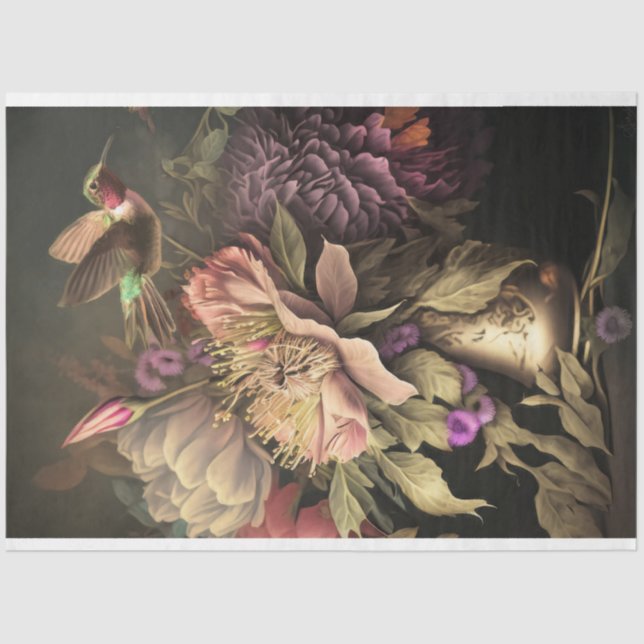Hummingbird and Dark moody Florals decoupage Tissue Paper (Front)