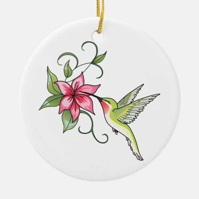 Hummingbird and Flower Ceramic Tree Decoration (Front)