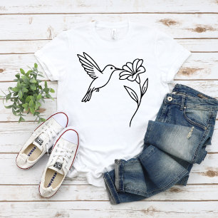 Hummingbird and Flower – Minimalist Black Line Art T-Shirt