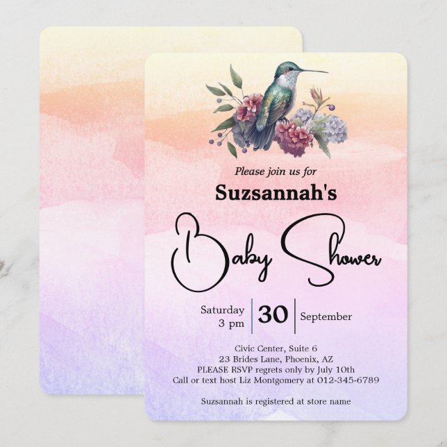 Hummingbird and Flowers On Watercolor Baby Shower Invitation (Front/Back)
