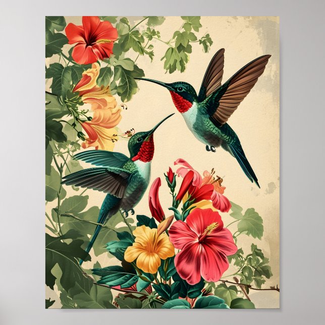 Hummingbird and Flowers: Vintage Poster (Front)