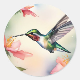 Hummingbird And Flowers Watercolor Classic Round Sticker