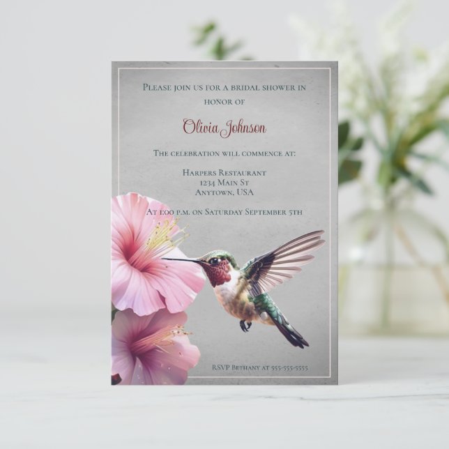 Hummingbird and Hibiscus Bridal Shower | Grey Invitation (Standing Front)