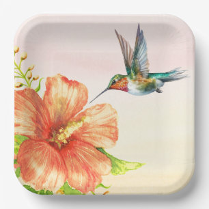 Hummingbird and Hibiscus Flower Paper Plate