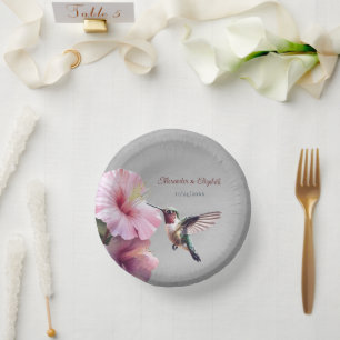 Hummingbird and Hibiscus Grey Wedding Paper Plate