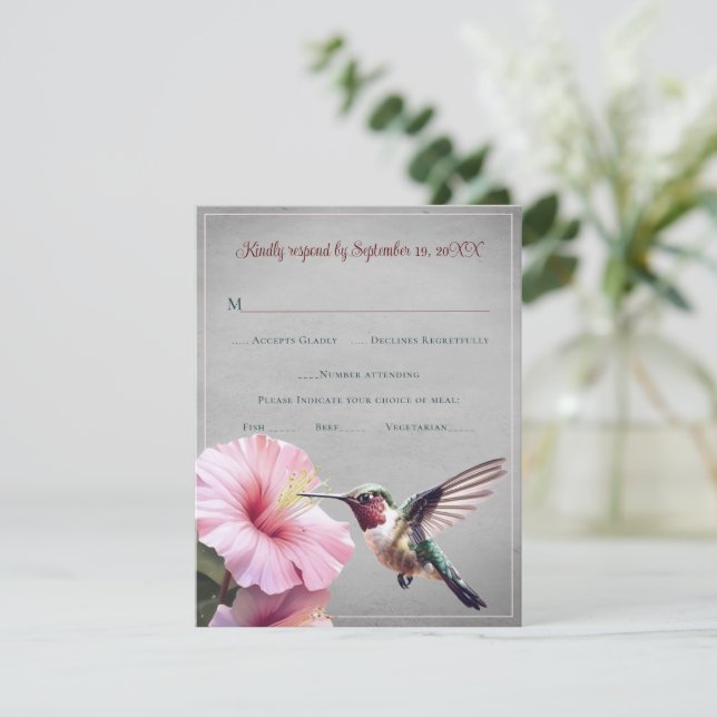 Hummingbird and Hibiscus | Grey Wedding RSVP (Standing Front)